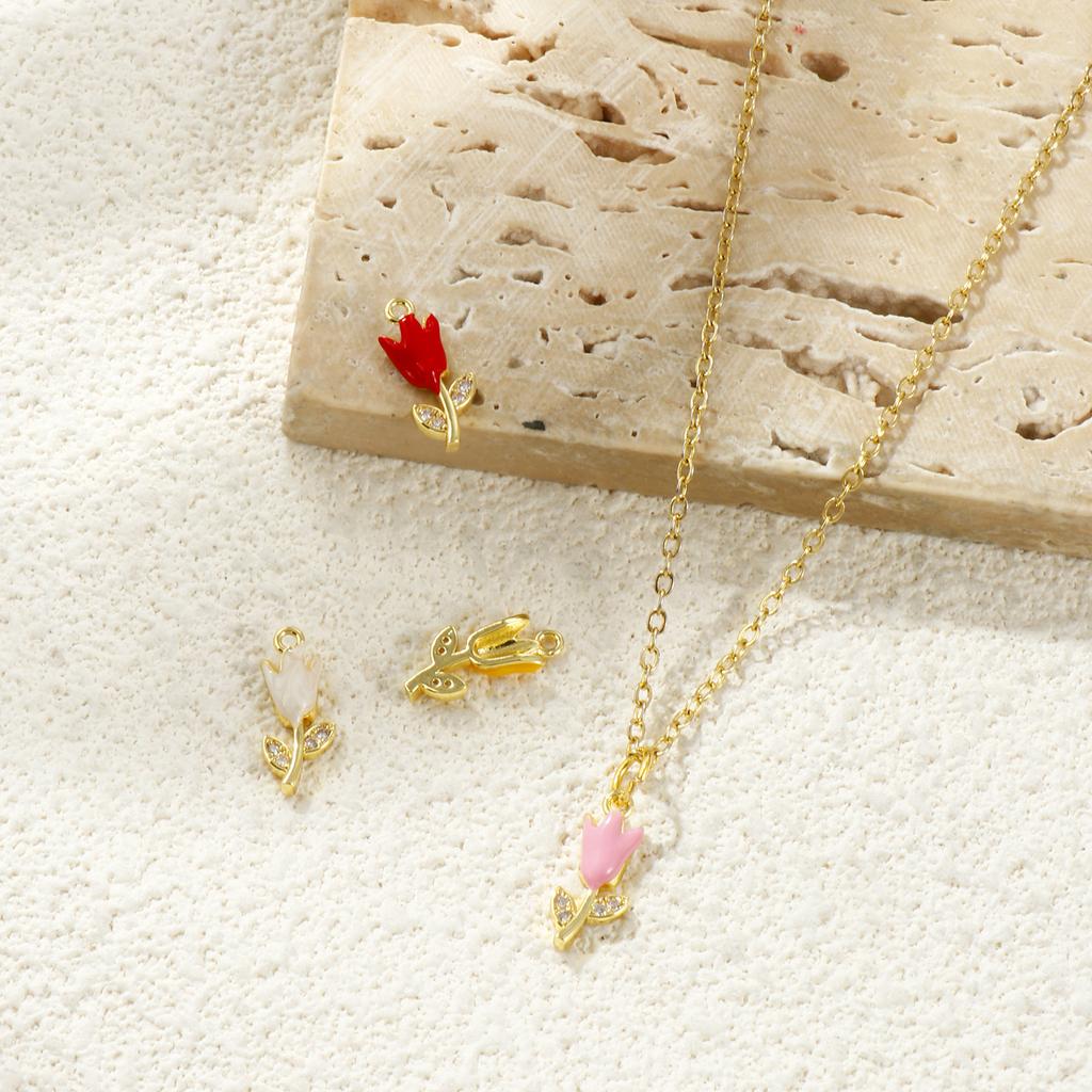 2 Pcs Enamel Tulip Flower Charms Micro Pave Clear Cubic Zirconia Brass 18K Gold Plated Pendants For DIY Necklace 13mm X 6mm