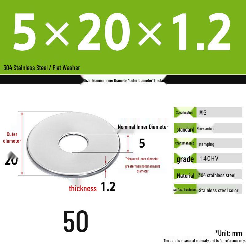 304 Stainless Steel Thickened Flat Washer Set, Sizes 2-36
