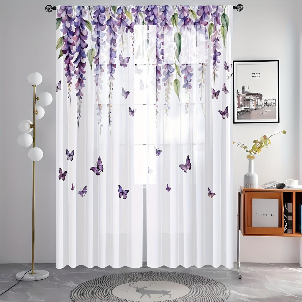 2 Pcs Luxe Sheer Wisteria Floral Curtains – Romantic Art Theme Rod Pocket Design for Bedroom Decor