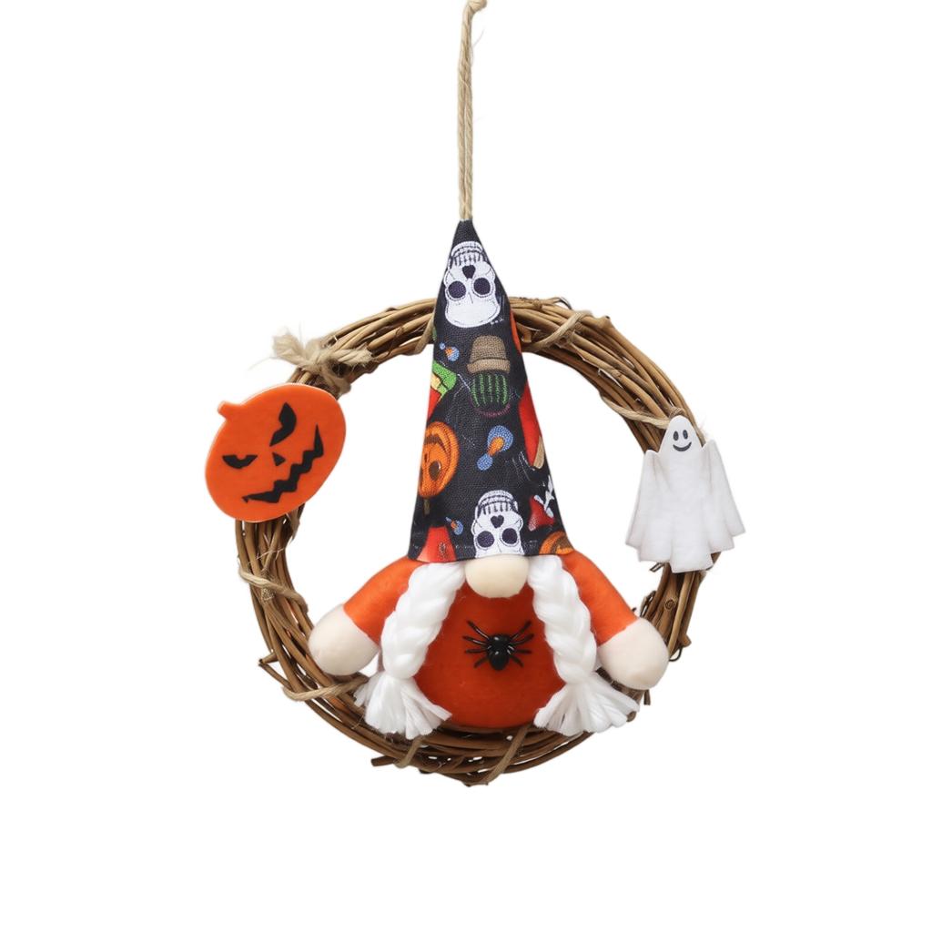 Halloween Gnome Wreath Handmade Decorative Door Hanging with Ghost and Pumpkin Elements Natural Vine Base for Seasonal Home Decor