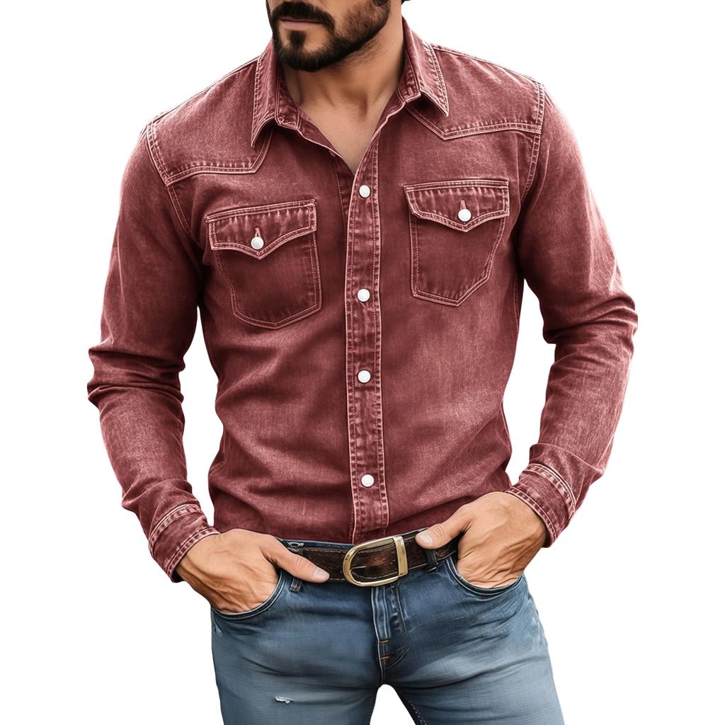 Men's Color Casual Loose Button-Down Collar Faux Pocket Long-Sleeved Shirt