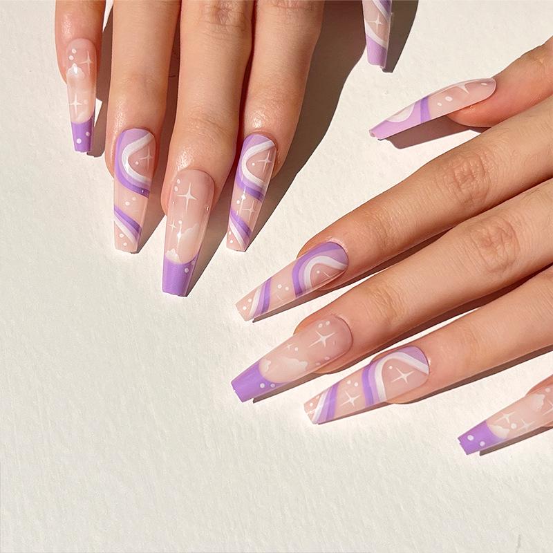 Detachable Purple Lines & Stars Ballet Fake Nails - Long False Nail Tips