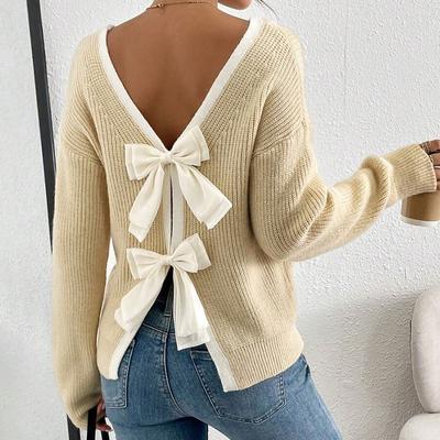 Damen Herbst Winter Pullover Strickpullover Mode Rücken Schleife Dekoration O-Ausschnitt Langarm Gestrickte Pullover Tops