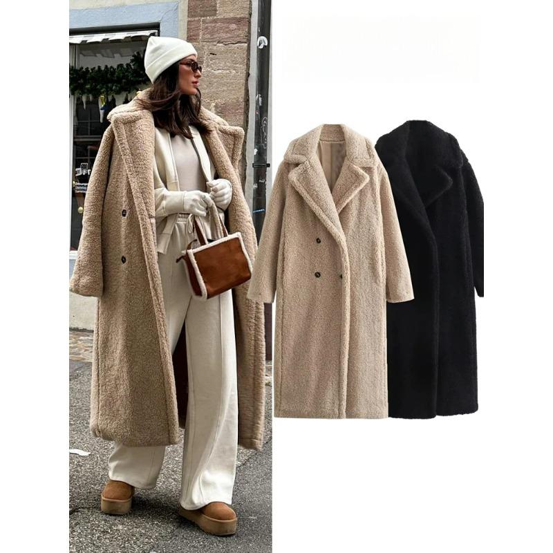Vintage Teddy Dlouhý kabát Dámské Podzim Zima Klopa Elegantní Dlouhý rukáv Dvouřadá Velká bunda Dámská Kabát Street Blend