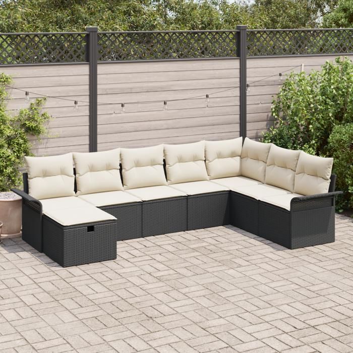 Ensemble de canapés de jardin 8 pièces avec coussins en poly rotin noir 3360258