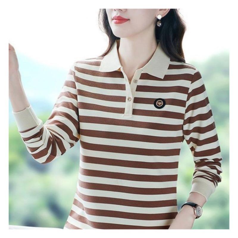 Spring and Autumn Commuting Casual Fashionable Striped Polo Shirt Long Sleeve T-shirt Female Fashionable Mom Top
