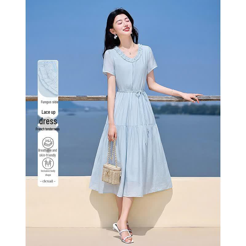 Elegant Ruffle Short Sleeve Midi Dress L