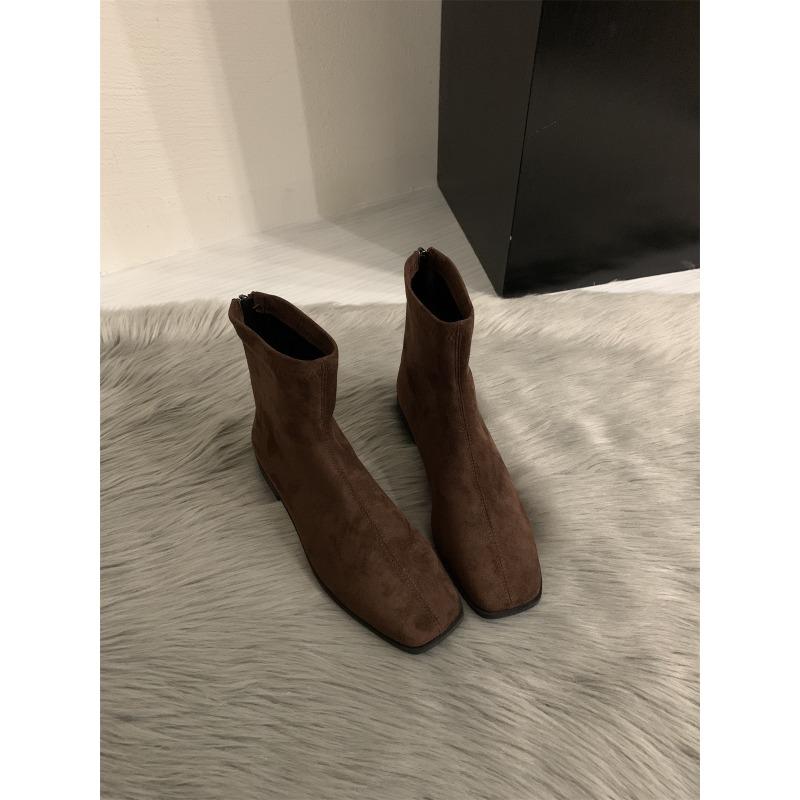 

Autumn and winter new minimalist soft leather square head versatile low-heeled Martin boots women s rear zipper flat bottom thin short boots 39