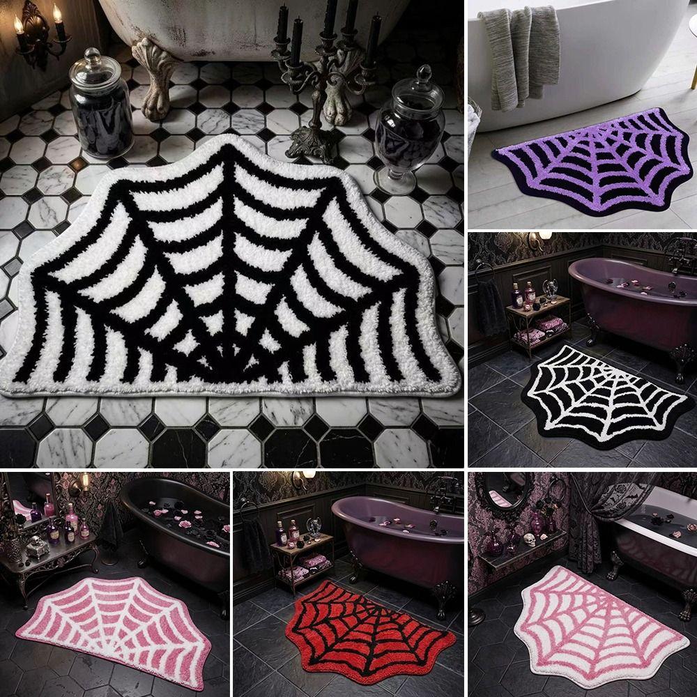 Half Round Spider Web Carpet Non-slip Floor Mat Creative Halloween Doormat  for Bathroom&Bedroom
