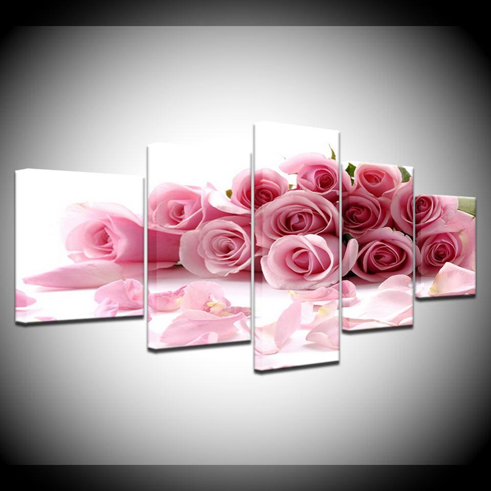 The pink rose flowers modern Modular 5 panel HD Print wall Poster Canvas art painting for Living Room Home Decor