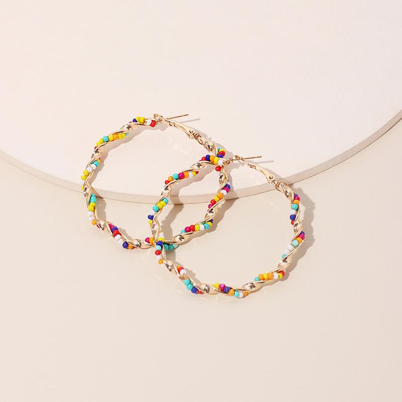 2025 New European and American Exaggerated Large Circle Earrings Trendy Ins Bohemian Round Rice Bead Ear Jewelry