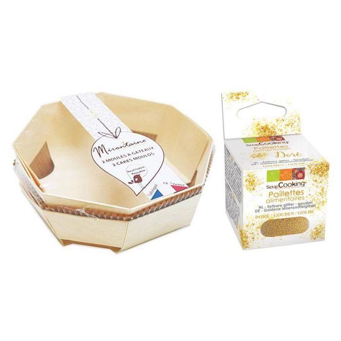 2 moules à gâteau en bois Ø 18 cm + paillettes dorées