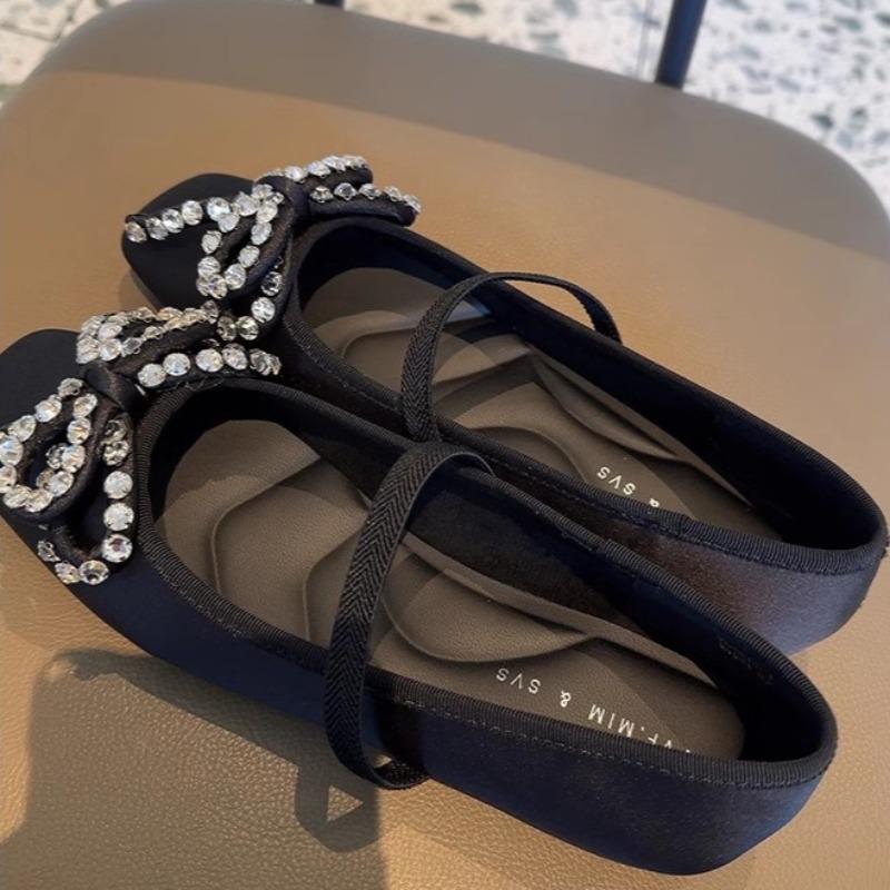 Fashion Square Head Shallow Mouth Diamond Butterfly Knot Flat Shoes Spring New Soft Sole Anti-slip Wear-resistant Single Shoes