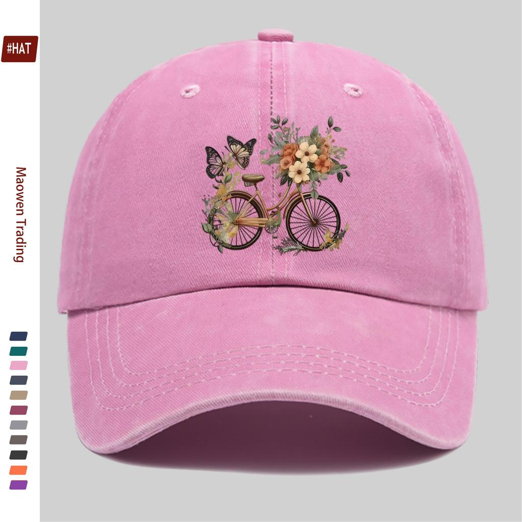 Pc Pcs Adjustable Vintage Washed Trucker Cap with Bicycle Print  Floral Butterfly Design  Lightweight Suitable for Men  Wom