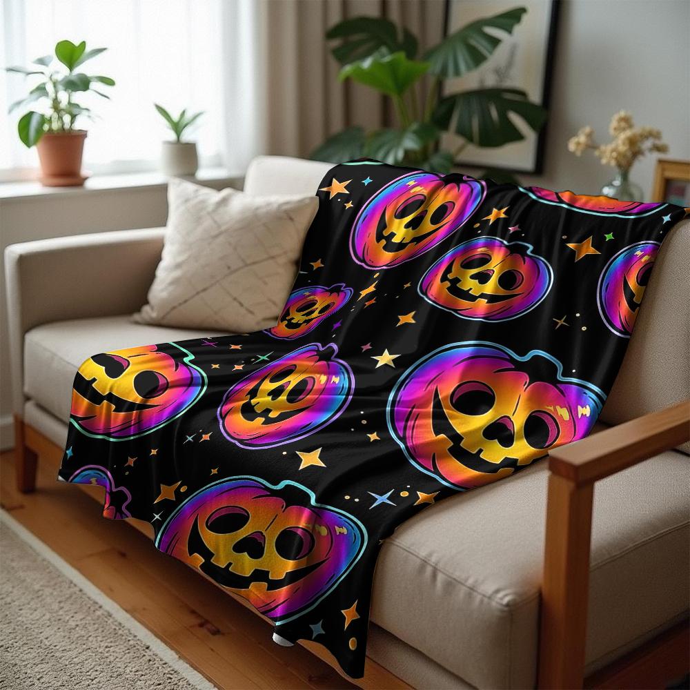 Neon Pumpkin Splatter Anime Cartoon Flannel Blanket Soft Warm Throw for Bedroom Sofa Car Kids Holiday Gift