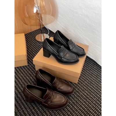 Retro Black British Thick Heel Small Leather Shoes 2025 Autumn and Winter with Skirt Heightening Loafer Single Shoes