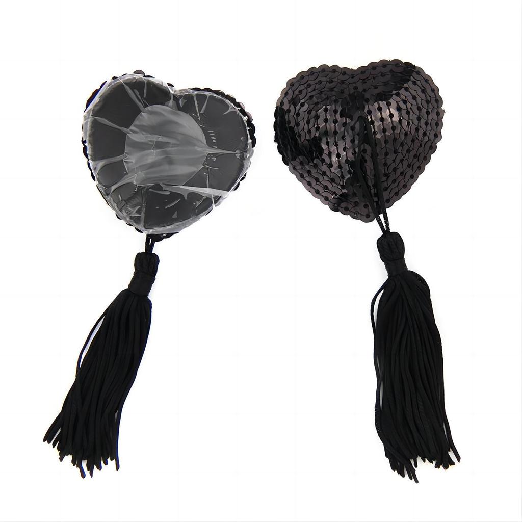 Guillotine Heart Sequin Nipple Pasties with Tassels - Adult Erotic Accessory