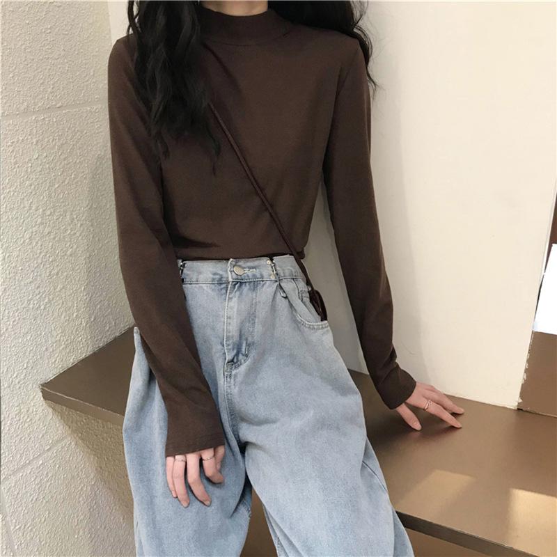 Velvet Semi-High Neck Long-Sleeve Shirt - Slimming & Warm Women's Autumn/Winter Top