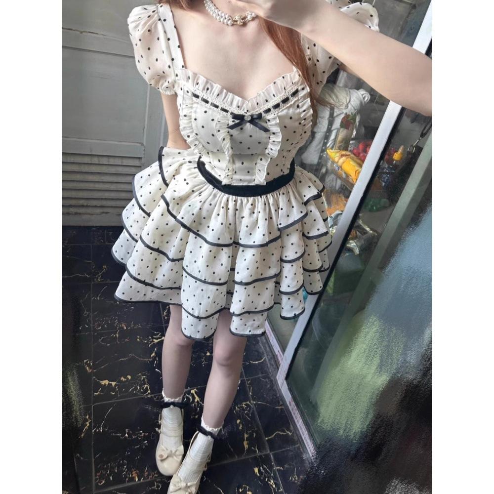 Preppy style gentle girly polka dot dress women's new summer small waist puffy princess dress