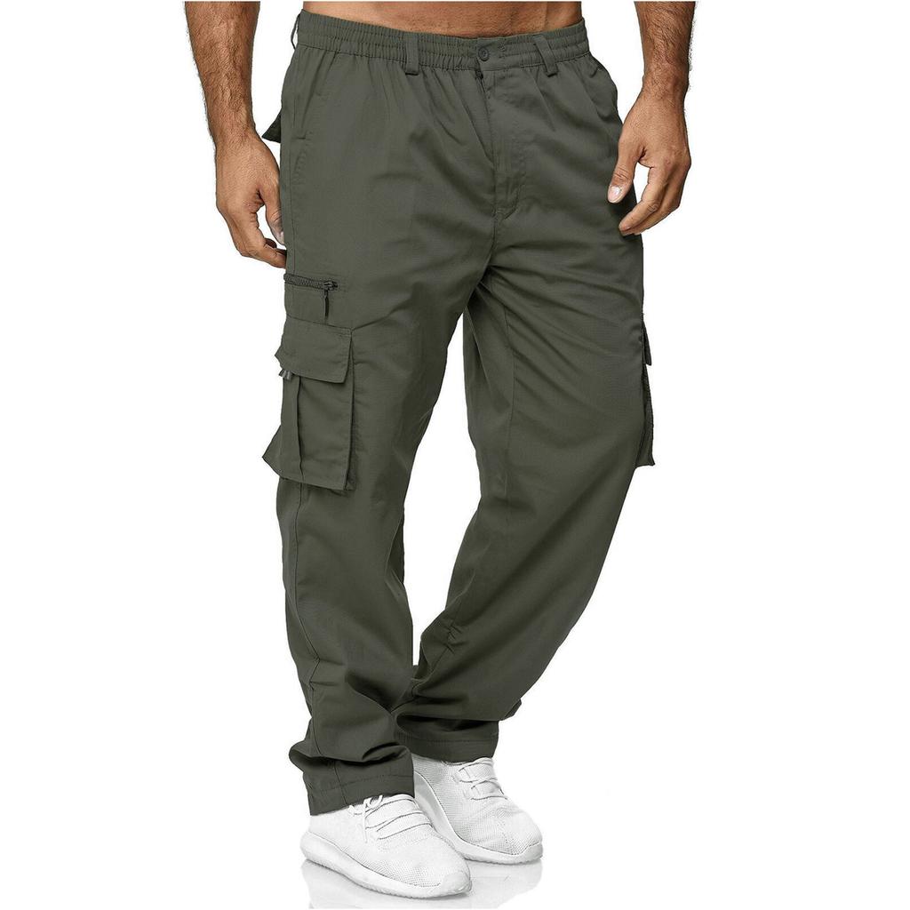 Men's Spring and Autumn Solid Straight Legged Cargo Pants Casual Multi-Pocket Long Pants Loose Fit Outdoor Fitness Trousers