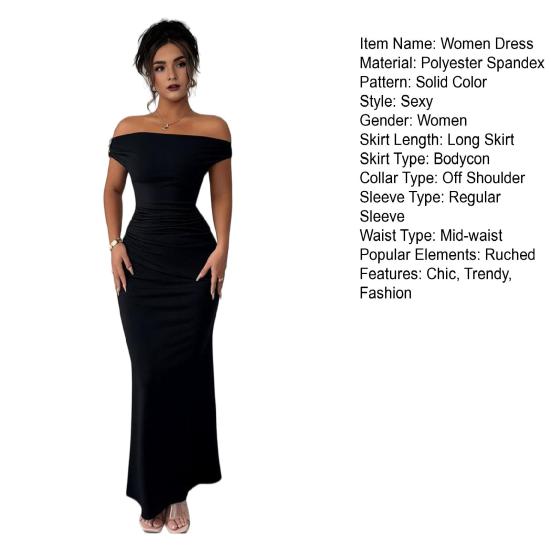 Off The Shoulder Maxi Dress for Women Ruched Fishtail Sexy Bodycon Long Dress with Metal Accent Wedding Guest Party Evening Gown