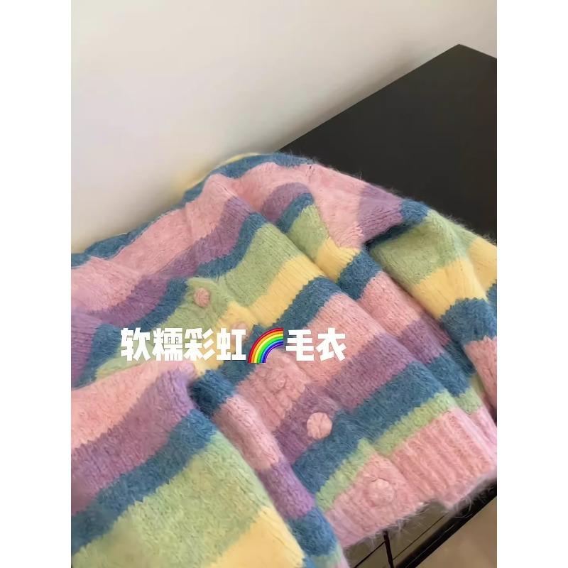 

Candy color v-neck rainbow striped sweater jacket women s autumn and winter color outer wear short knitted cardigan XL