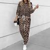 Women Leopard Print Two Piece Outfit, Long Sleeve Crew Neck Top & Drawstring Jogger Pants Casual Tracksuit for Spring Autumn