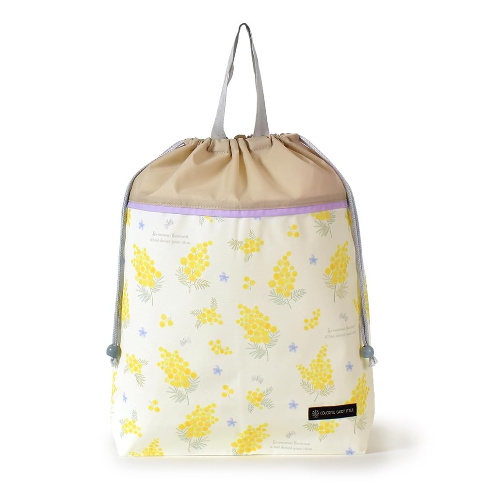 COLORFUL CANDY STYLE Large Drawstring Gym Clothes Bag Name with Handles and Mimosa for NL601500 (with Tag), Gusset, Water-Repellent, No-Iron, Fleur,