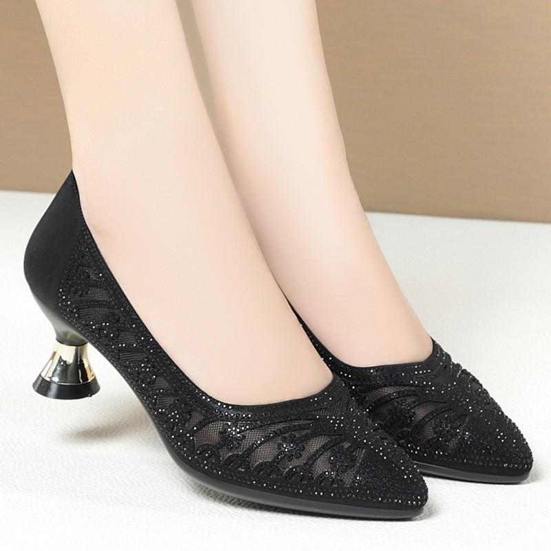 5cm All Match Comfortable Breathable Rhinestone Mesh Leather Shoes Women Pumps 2025 Spring Summer Med Kitten Heels Shoes Office
