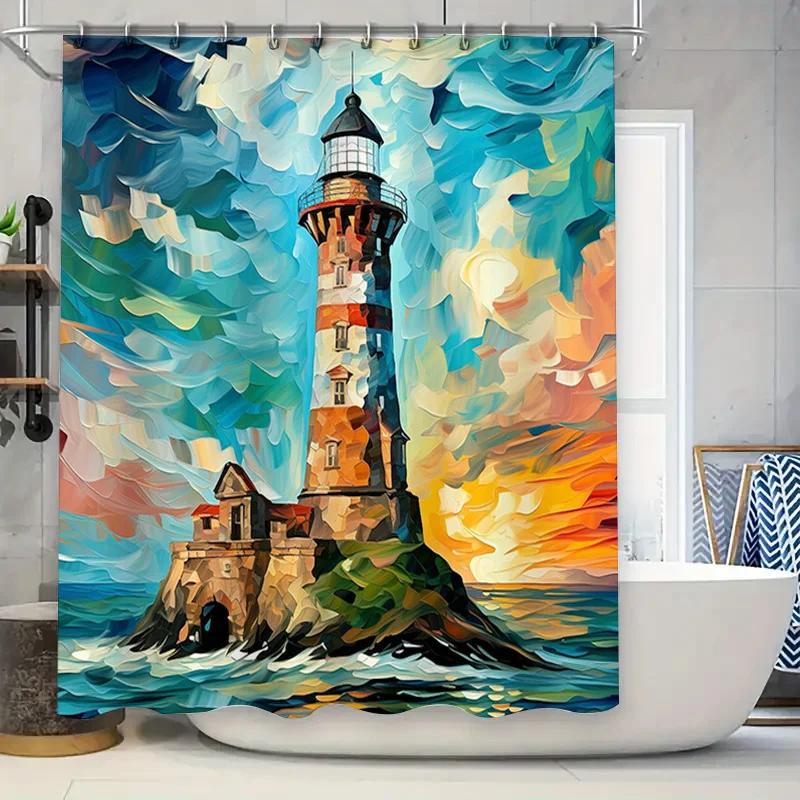

Vibrant Lighthouse Shower Curtain Artistic Modern Bath Decor For Bathroom High-Quality Printing With Waterproof Fabric Material. W60H190(CM)-1 Pcs