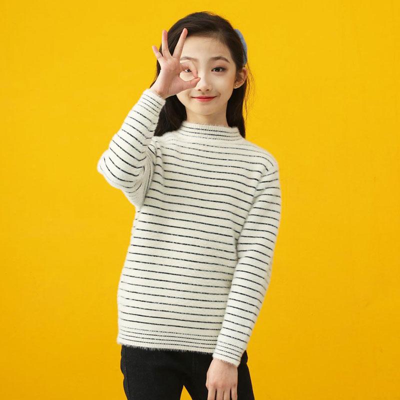 Girl's fine striped faux mink fur pullover sweater