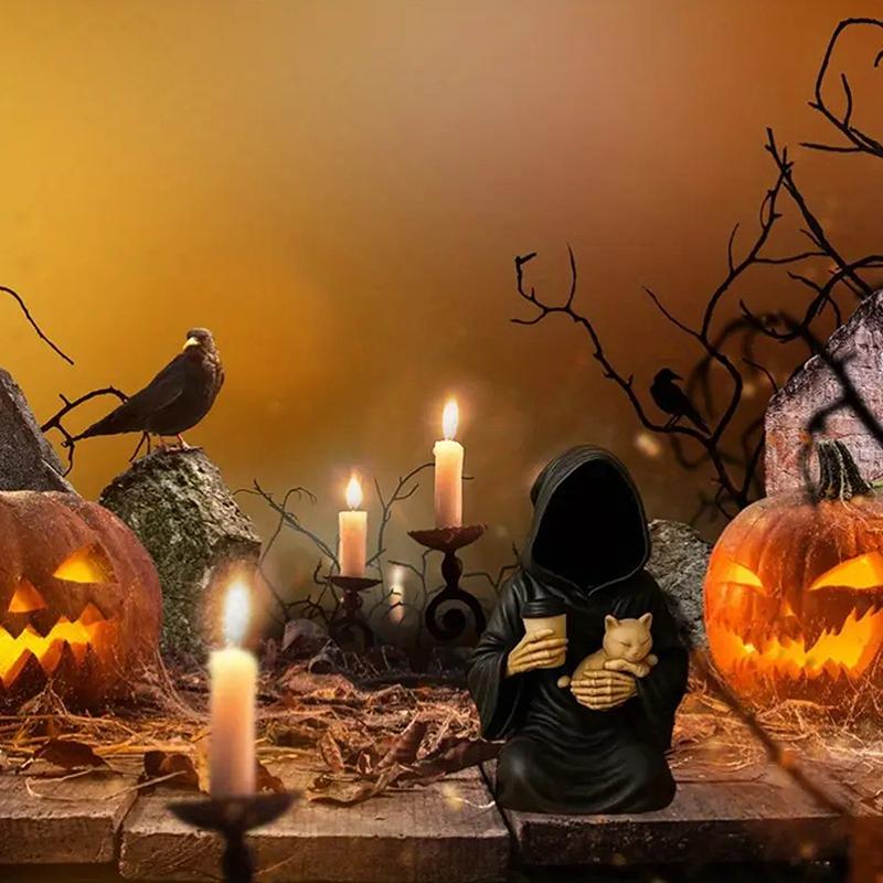Gothic Emotional Support Figurine Grim Reaper Statue Halloween Decoration Holding Coffee & Cat Resin Desktop Ornament