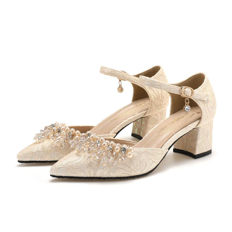 Women's Wedding Shoes Hollow Out Lace Pearl Embellished Peep Toe Chunky Heel Comfortable Sandals Bridal Party Shoes