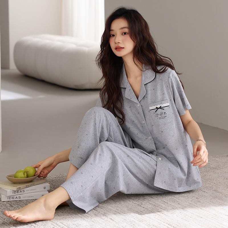Pajamas with chest pads, women's summer thin cotton short-sleeved trousers, large size casual and high-end sense, can be worn outside loungewear