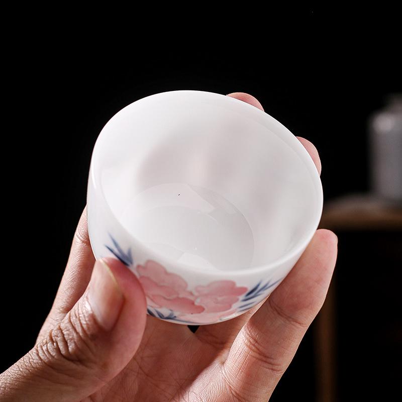 Lamb Fat Jade Hand-Painted Ceramic Gongfu Tea Set with Gaiwan, Tasting, and Host Cups