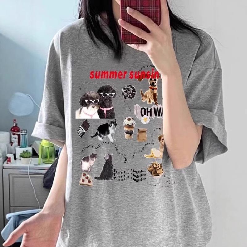 Large size cotton short-sleeved t-shirt women's summer loose lazy half-sleeved top cartoon printing design sense niche t-shirt