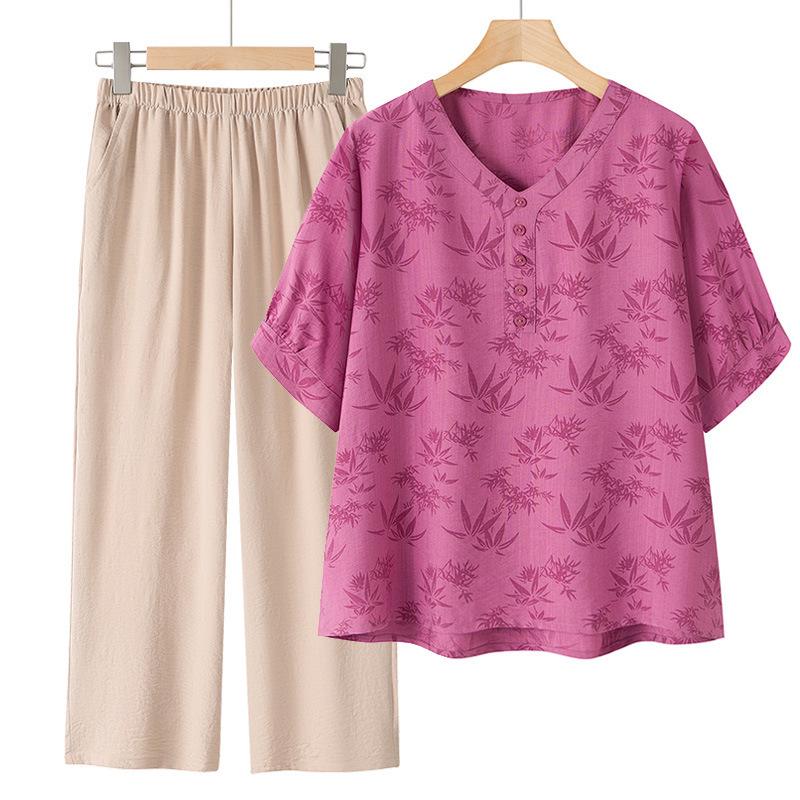 Women's Silk & Linen Embroidered Two-Piece Set: Short-Sleeve T-Shirt & Pants, Summer 2026 New Style for Middle-Aged Moms