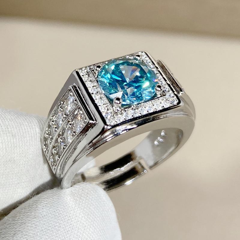 

Men Ring Silver 925 Finger Accessories For Wedding Charming Bright Crystal Blue Square Ring Male Jewelry Adjustable Resizable