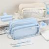 Staged Type Pencil Bag Pen Case 3 Compartment Transparent Front Cream Color Storage Pouch for Stationery School