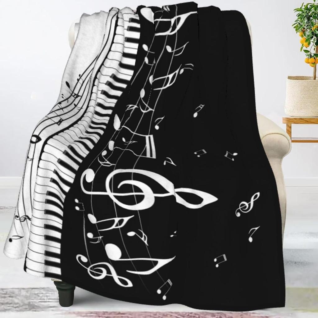 Music Theme Flannel Throw Blanket Piano Pattern Blanket King Queen Full Size for Bed Sofa Couch Music Lover Gift Super Soft Warm