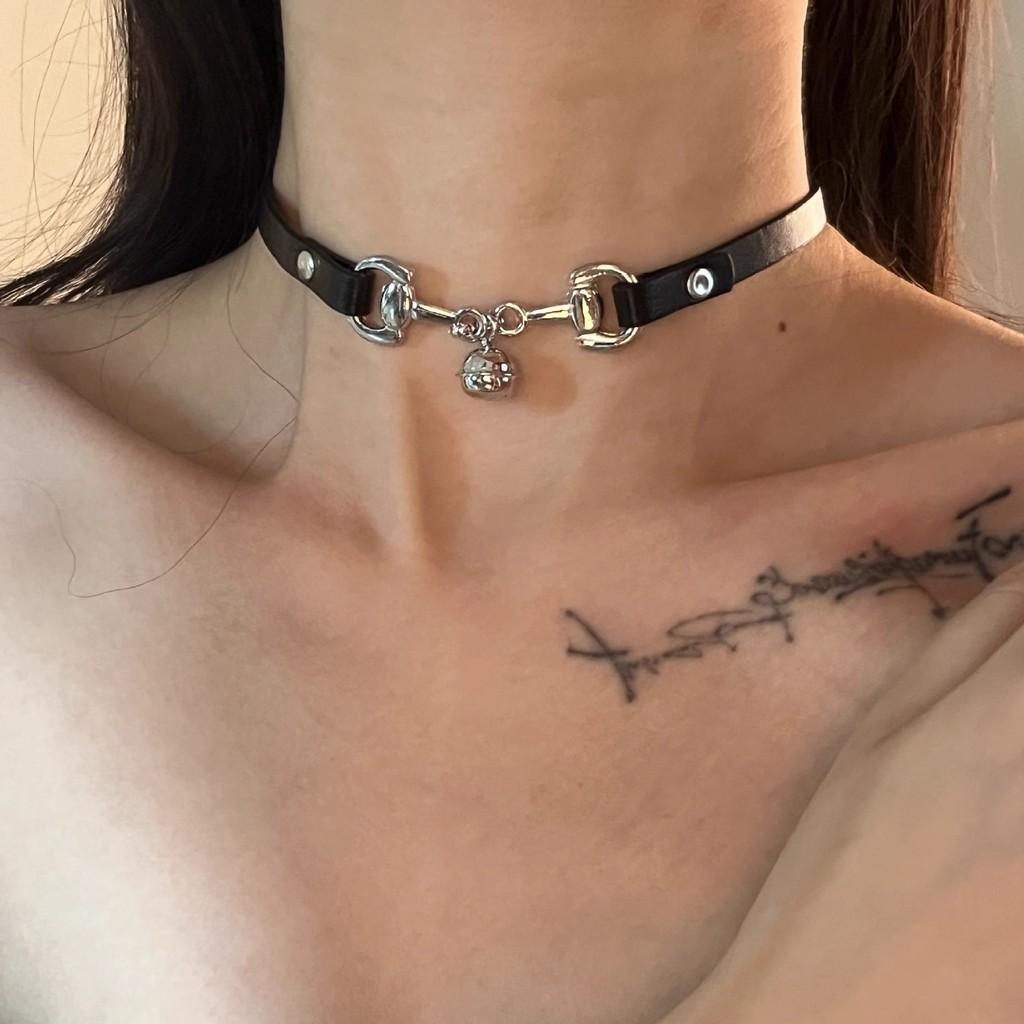 Stunning Black Leather Choker Necklace For Women With Decorative Silver Bell Charm