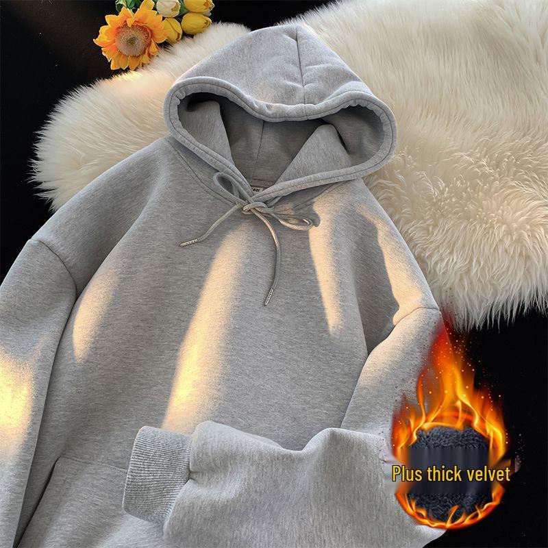 American Retro Velvet-Lined Hooded Sweatshirt for Autumn/Winter, Loose Fit with Drawstring Detail 2XL (Recommended 140-155 lbs)