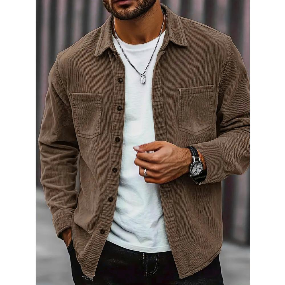 Men Corduroy Shirt Long Sleeve Plaid Solid Color Wrinkle Free Business Casual Slim Fit Top