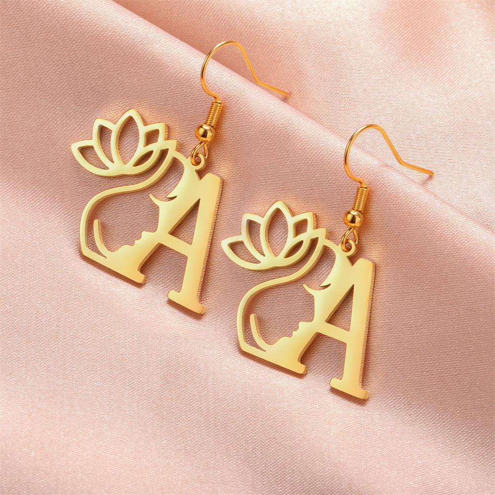 My Shape Beauty Flower Letter Drop Earrings for Women A-Z Alphabet Initials Lotus Stainless Steel Fashion Jewelry Kids Female