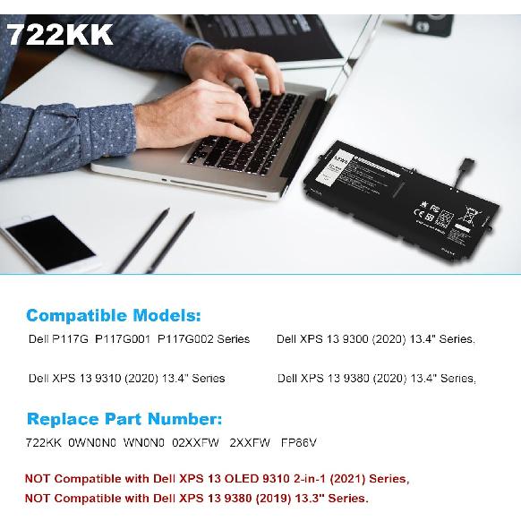 Fancy Buying 52Wh 722KK FP86V Laptop Battery for Dell XPS 13 9300 XPS 13 9310 XPS 13 9380 P117G P117G002 P117G001 Series Notebook 0WN0N0 WN0N0 02XXFW
