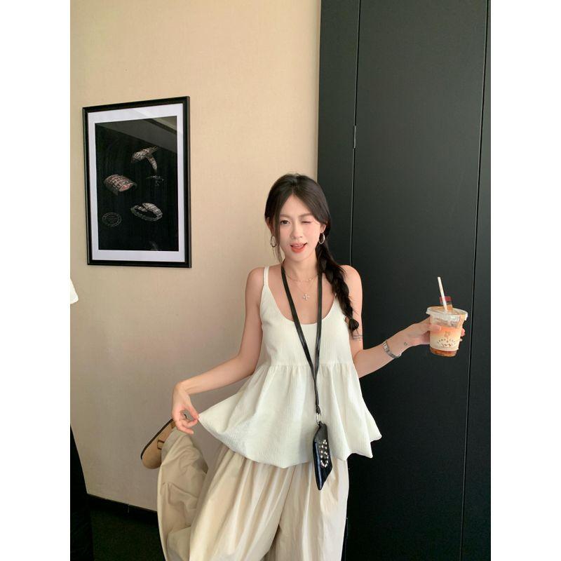 Kumikumi Gray Long Sleeve Knit Stacked White Cami Women Autumn Loose Casual Pants Three-Piece Set