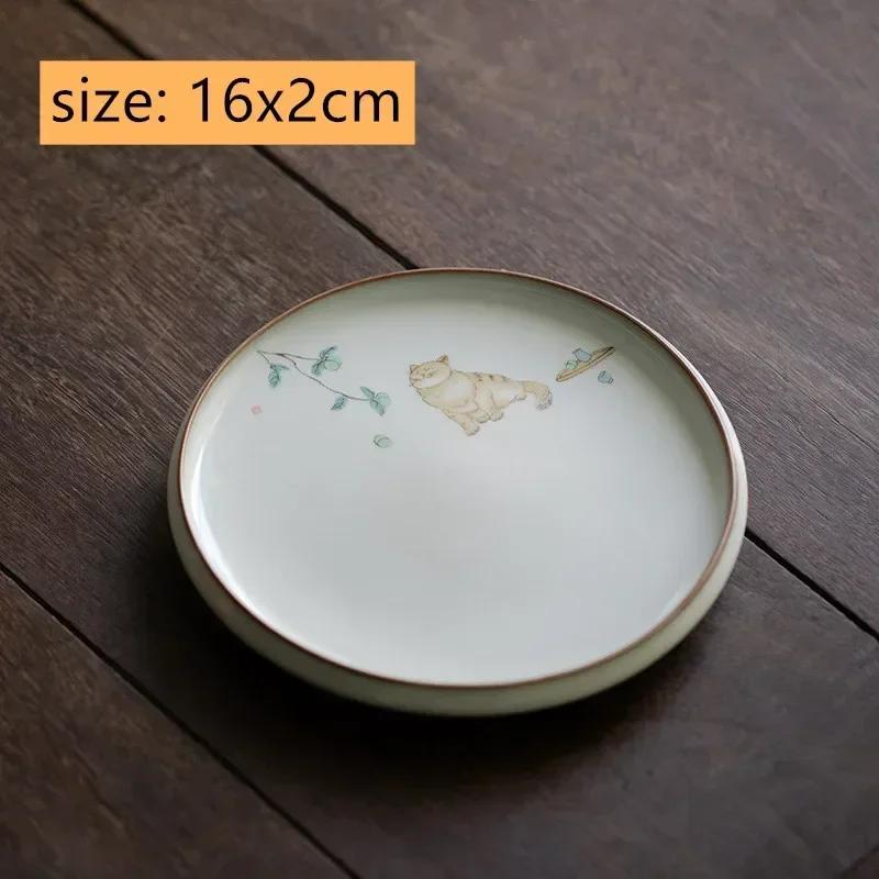 Chinese Ru Kiln Ceramic Tea Tray Teapot Teacup Mat Cute Cat Pot Bearing Round Gaiwan Tray Household Tea Set Decors Accessories