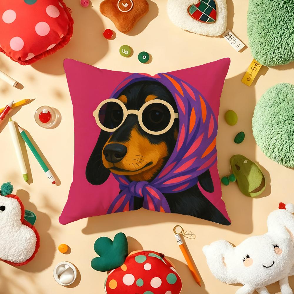 Dog Wearing A Hat Cushion Cover Plush Fabric Soft Double-Sided Printed Sofa Warm Winter Home Child Gift Pillow Case