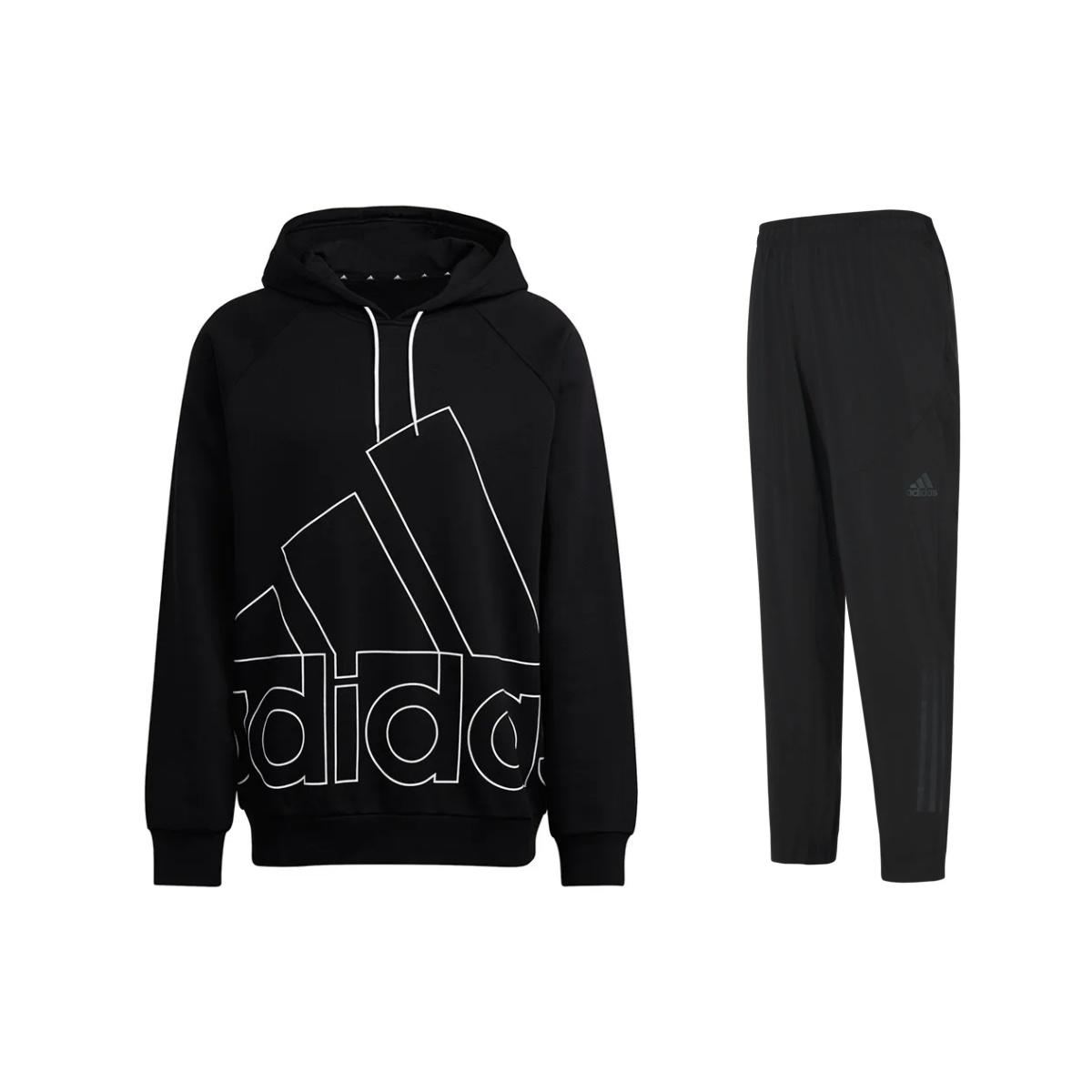 

Adidas Logo Print Pullover Hoodie Retro Knit Sweatpants Casual Sports Set Men sweatpants Black HB5089+CG1506 S