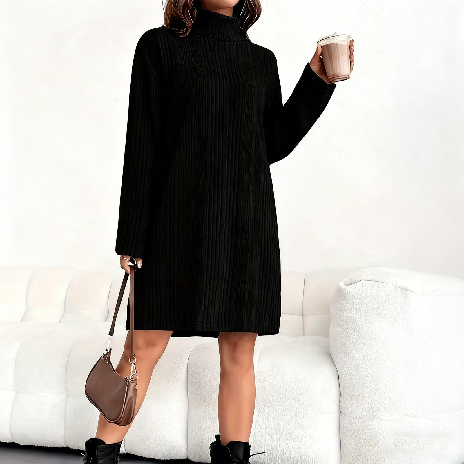 Women s Loose And Comfortable Warm Ribbed High-Neck And Long Sleeve Dress L чёрный